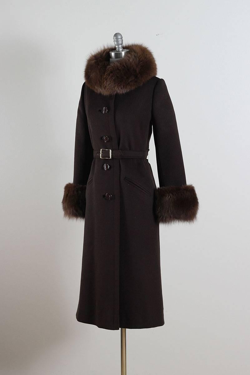 Vintage 1960s Chocolate Brown Wool Fox Fur Coat For Sale 2