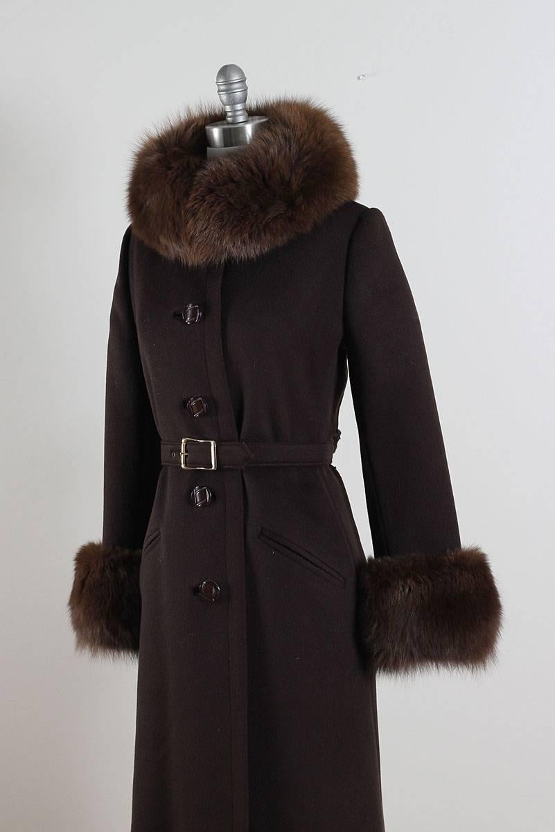 Vintage 1960s Chocolate Brown Wool Fox Fur Coat For Sale 3