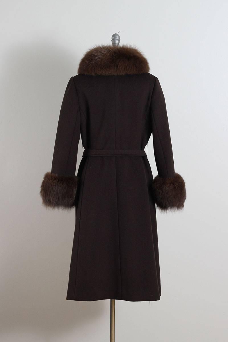 Vintage 1960s Chocolate Brown Wool Fox Fur Coat For Sale 4