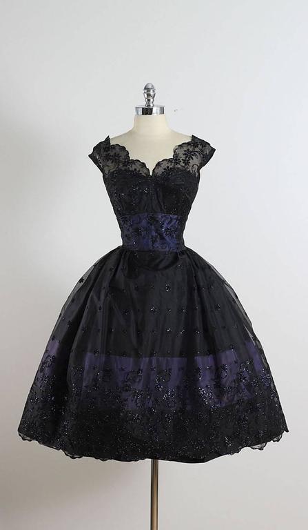 Vintage 1950s Black Glitter Flocked Lace Dress at 1stDibs