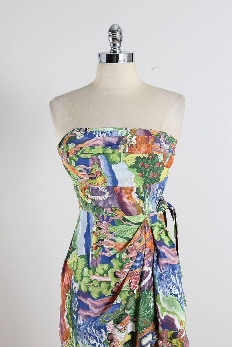 ➳ vintage 1950s sarong dress

* colorful polished cotton
* cotton lining
* rare Eugene Savage print fabric
* side tie
* metal side zipper
* by Kamehameha

condition | excellent

fits like xs

length 37