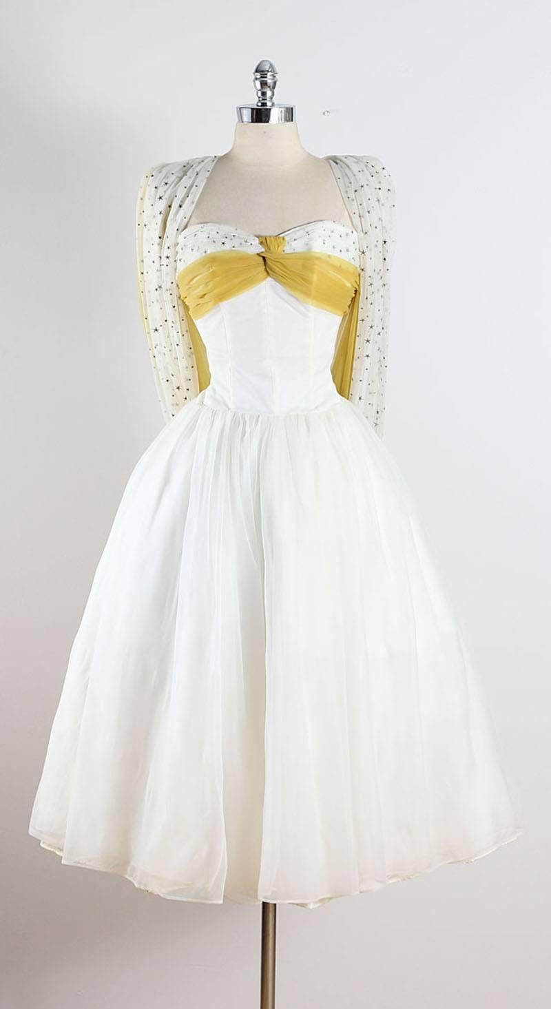 Vintage 1950s White Yellow Star Chiffon Party Dress For Sale 5