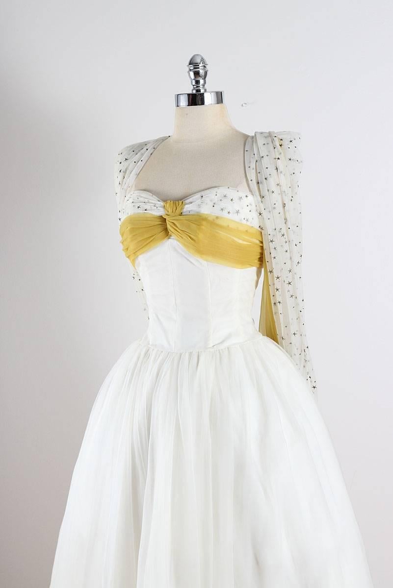 Vintage 1950s White Yellow Star Chiffon Party Dress For Sale 3