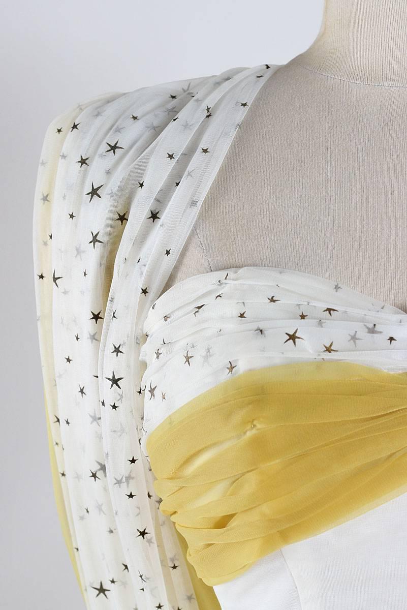 Women's Vintage 1950s White Yellow Star Chiffon Party Dress For Sale