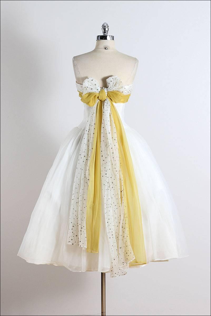 Vintage 1950s White Yellow Star Chiffon Party Dress For Sale 6