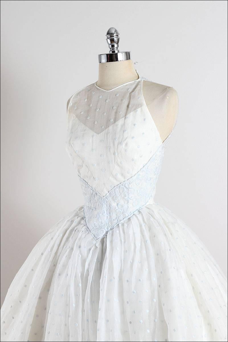 Vintage 1950s White Polka Dot Organza Dress For Sale 3