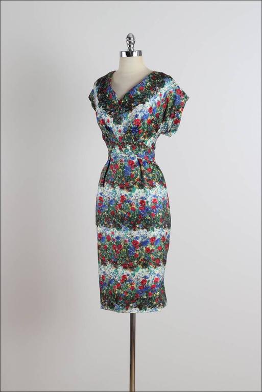 Vintage 1950s Watercolor Floral Dress For Sale at 1stDibs