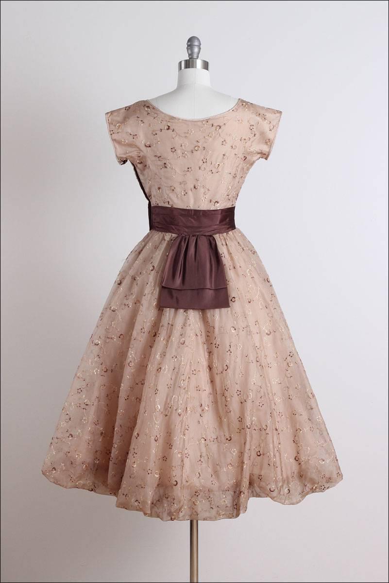 Vintage 1950s Mocha Embroidered Party Dress For Sale 3