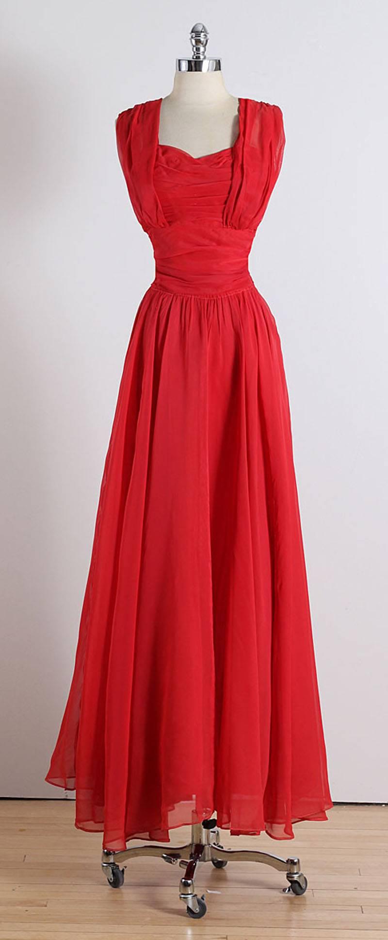 Vintage 1940s Emma Domb Red Chiffon Party Dress For Sale 4