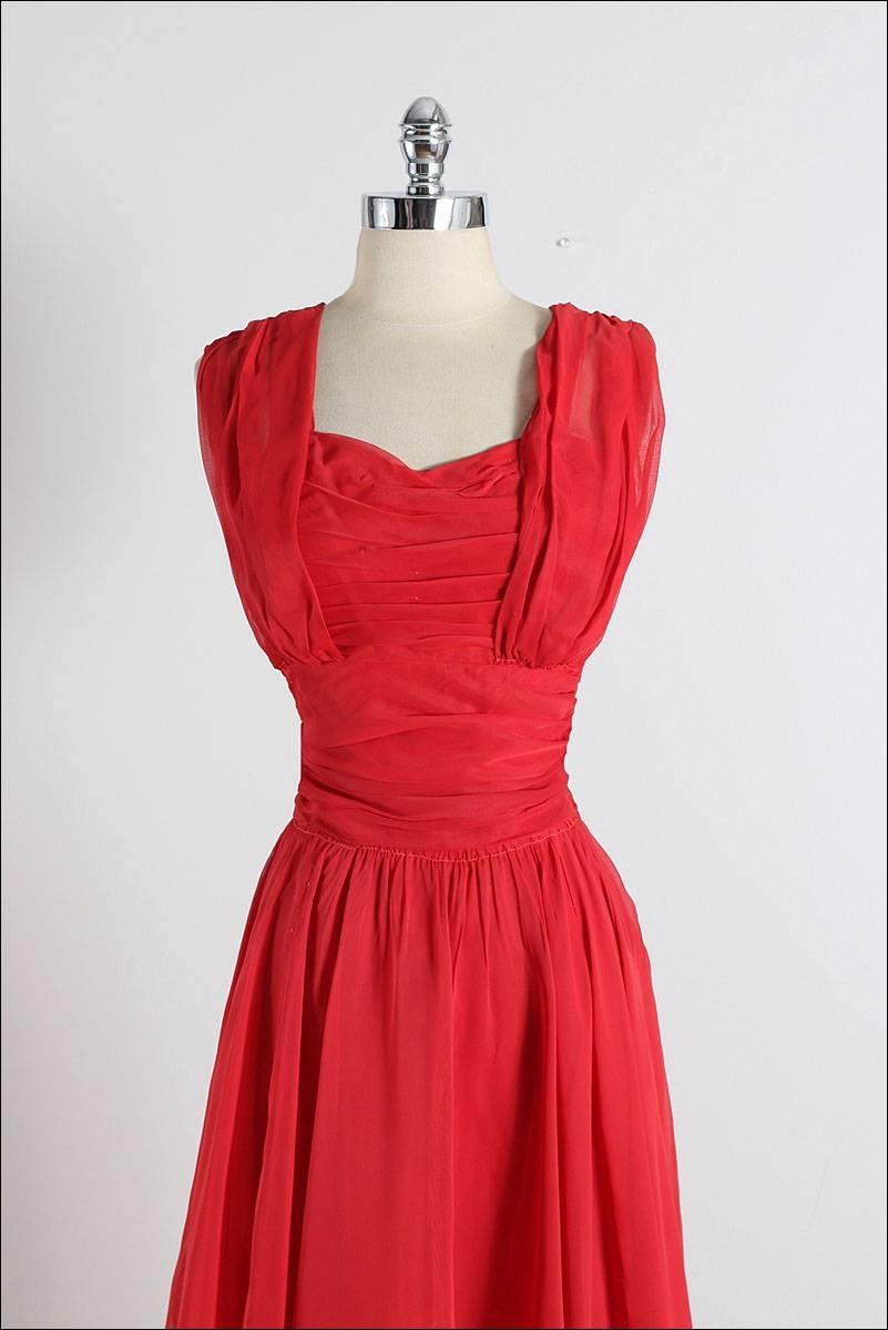 ➳ vintage 1950s dress

* red chiffon
* acetate lining
* gathered bodice
* side zipper
* by Emma Domb

condition | excellent 

fits like m/l

length 61