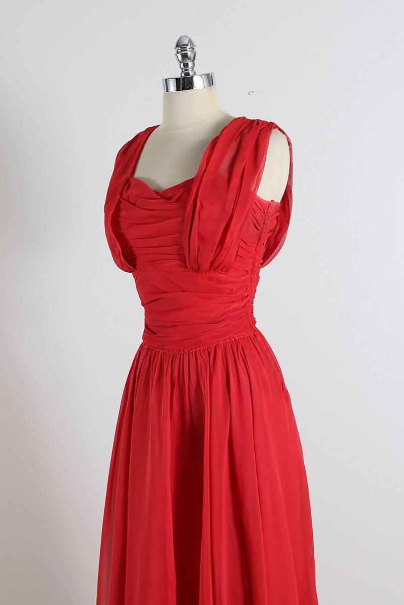Vintage 1940s Emma Domb Red Chiffon Party Dress For Sale 1