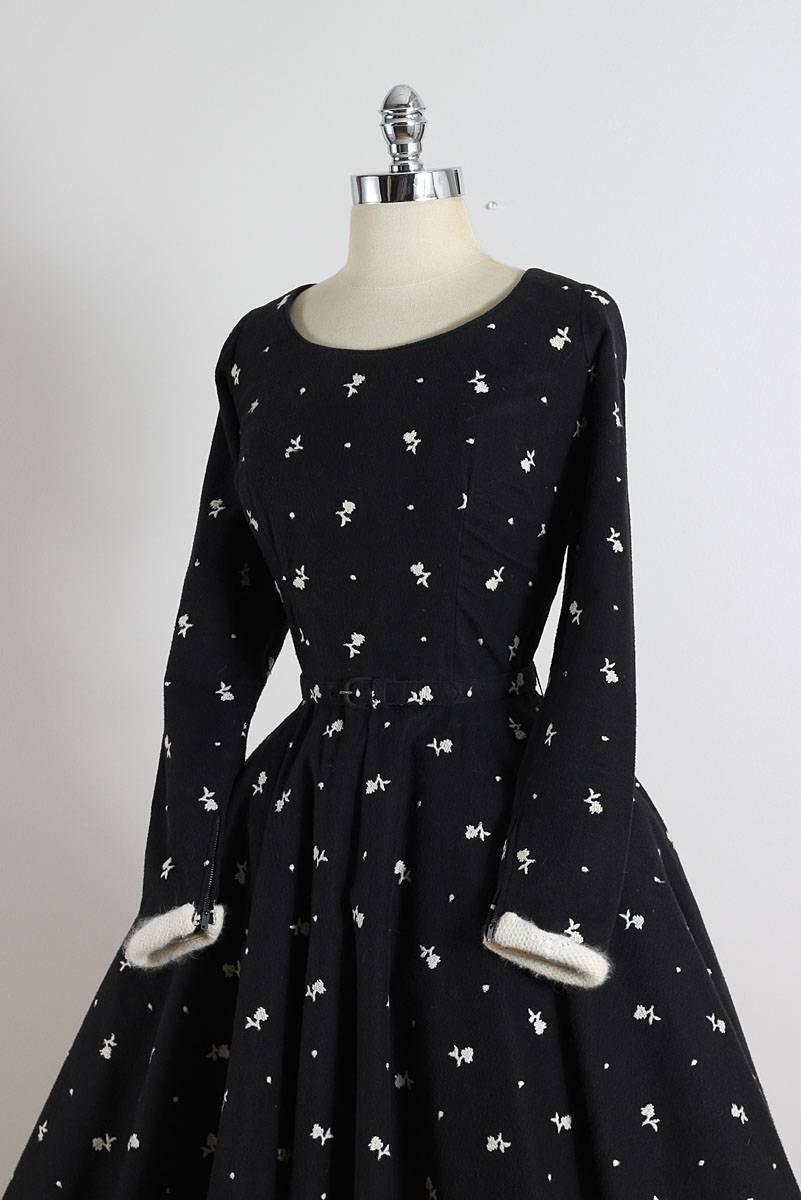 Vintage Black Wool Skater Dress For Sale 3