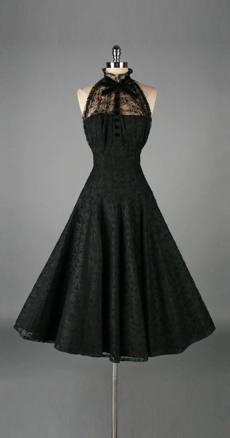 Vintage 1950's Paul Sachs Black Tuxedo Lace Cocktail Dress 5