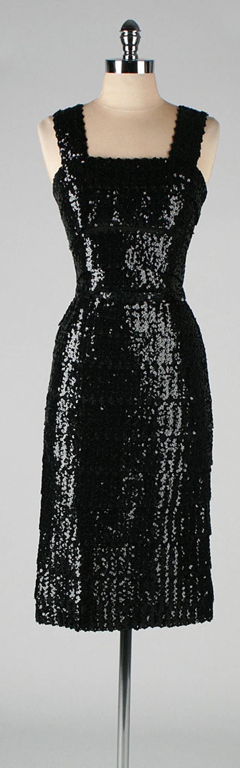  Vintage 1950's Black Sequins Cocktail Dress with Belt  For Sale 5