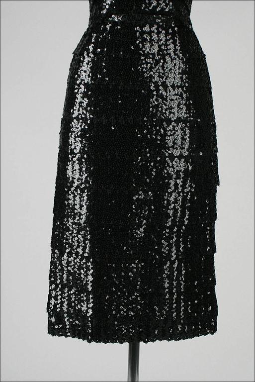 Vintage 1950's Black Sequins Cocktail Dress with Belt For Sale at 1stDibs