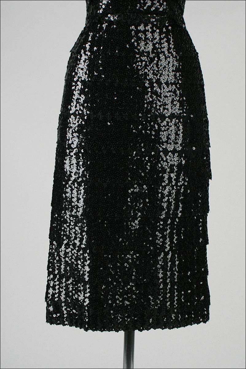 Women's  Vintage 1950's Black Sequins Cocktail Dress with Belt  For Sale