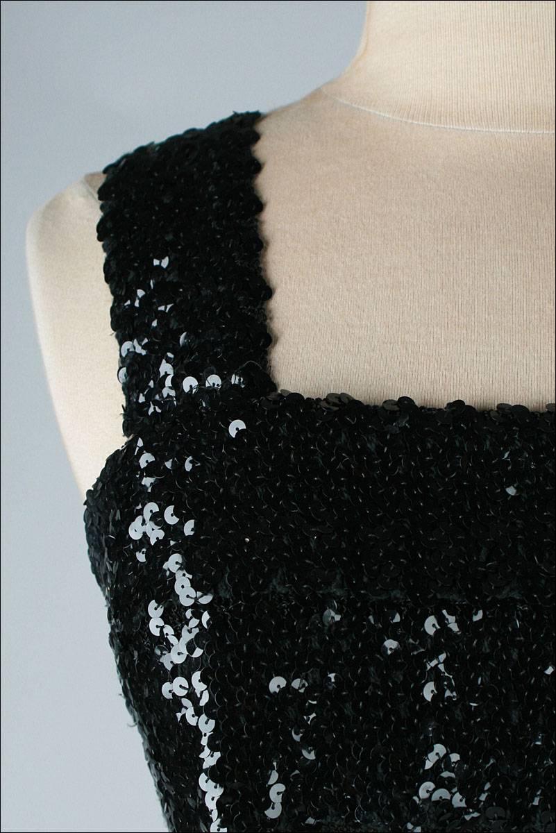  Vintage 1950's Black Sequins Cocktail Dress with Belt  In Excellent Condition For Sale In Hudson on the Saint Croix, WI