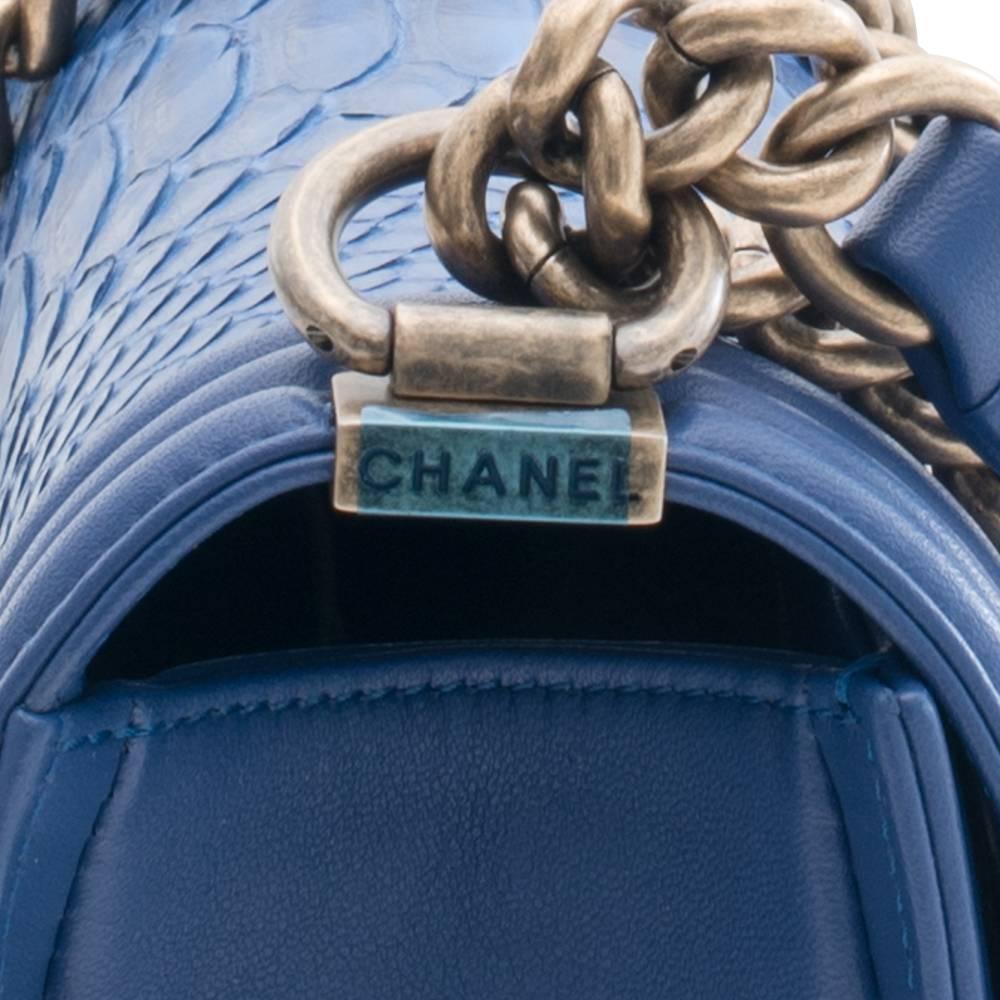 Chanel Old Medium Boy Bag Blue Python Snakeskin  In Excellent Condition In Los Angeles, CA