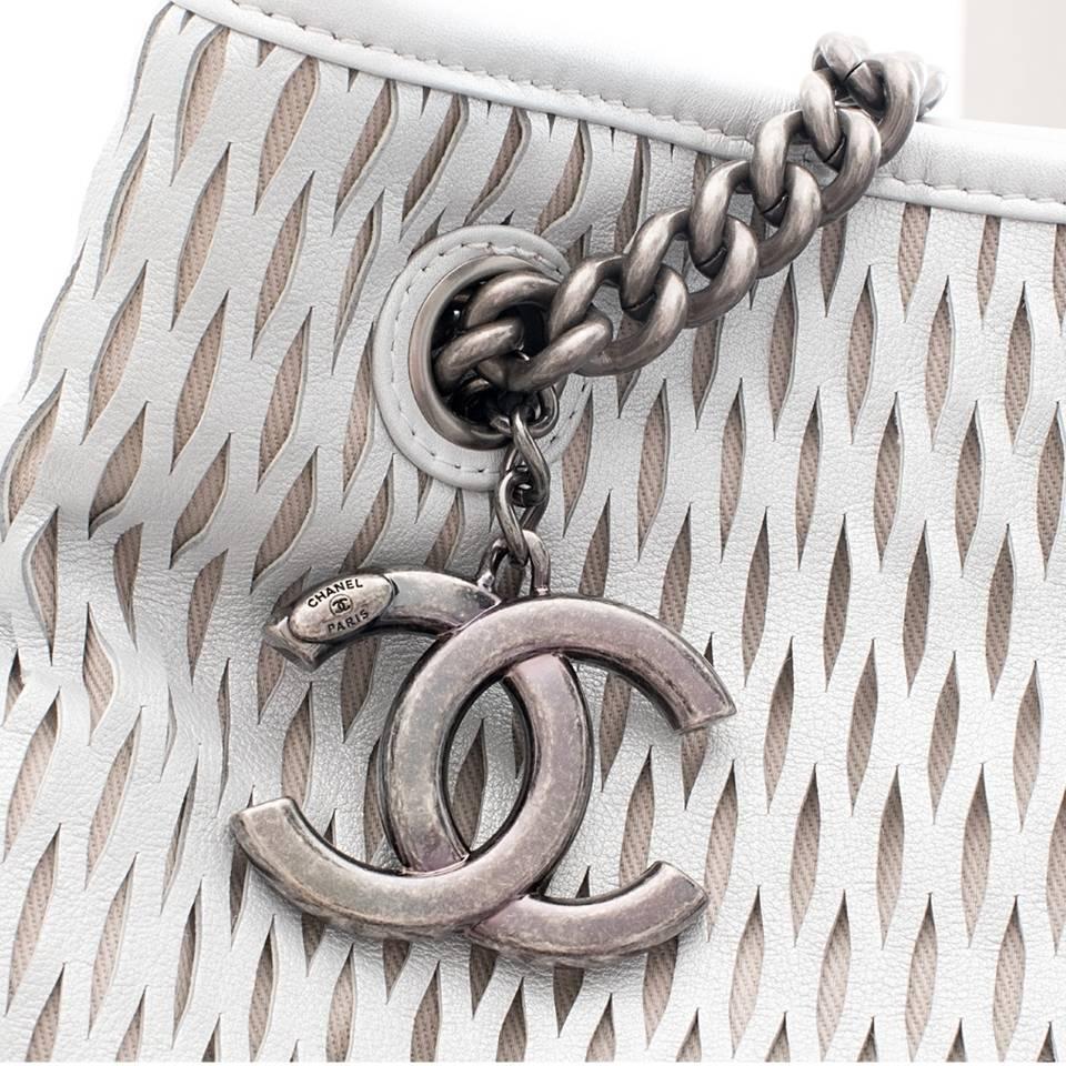 Women's Chanel Lambskin Accordion Mesh Shopping Silver Black Tote Bag