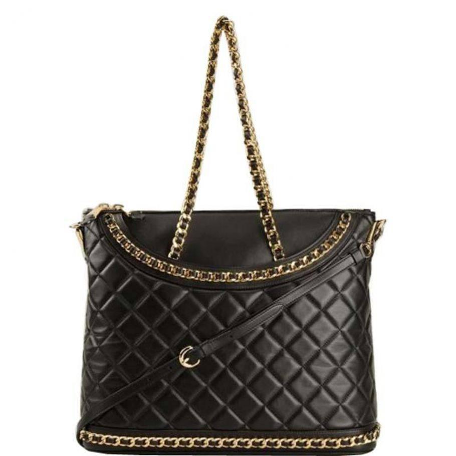 Black calf leather large quilted tote from Moschino featuring a detachable shoulder strap, a front logo patch, gold-tone chain trim, two gold-tone chain and leather top handles and dual top zip fastenings. Height: 32 centimeters, width: 39