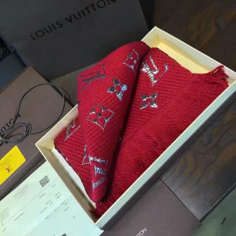 Louis Vuitton Logomania Shine Wool Scarf Red Lurex (M75832) In New Condition For Sale In Los Angeles, CA