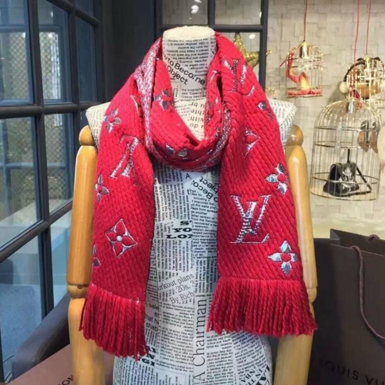 Louis Vuitton Logomania Shine Scarf Authentic Red Silver