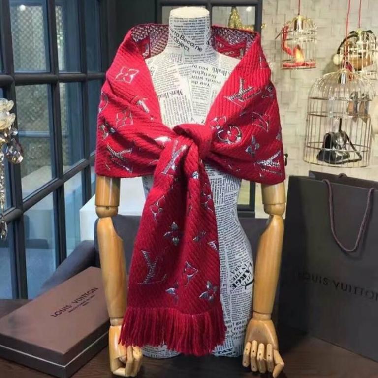 Louis Vuitton Red Wool Silk Logomania Shine Scarf Louis Vuitton
