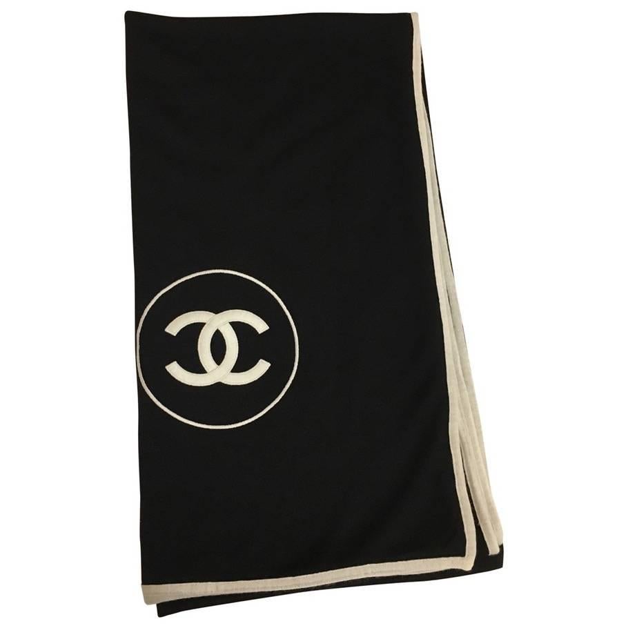 Chanel Cashmere Silk CC Logo Black Stole
