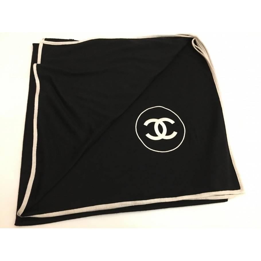 Chanel Cashmere Silk CC Logo Black Stole 1