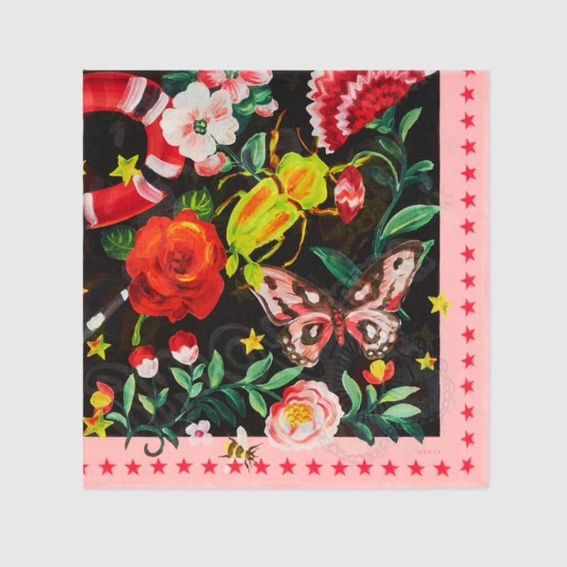 Gucci Garden Exclusive Modal Silk Shawl, Multicolor

The Gucci Garden print shawl features a beautiful compilation of now iconic motifs from the world of Alessandro Michele-the king snake, the bee, the heart and the butterfly-surrounded by a