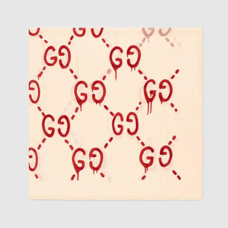 Gucci Ghost Print Modal Silk Shawl, Ivory and Red

Brooklyn-based artist Trouble Andrew was invited by Alessandro Michele to collaborate on the Fall Winter 2016 Fashion Show collection, by incorporating his art into Alessandro Michele’s designs.