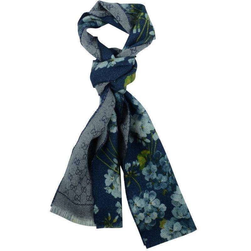 Gray Gucci GG Blooms Print Blue Wool Scarf For Sale