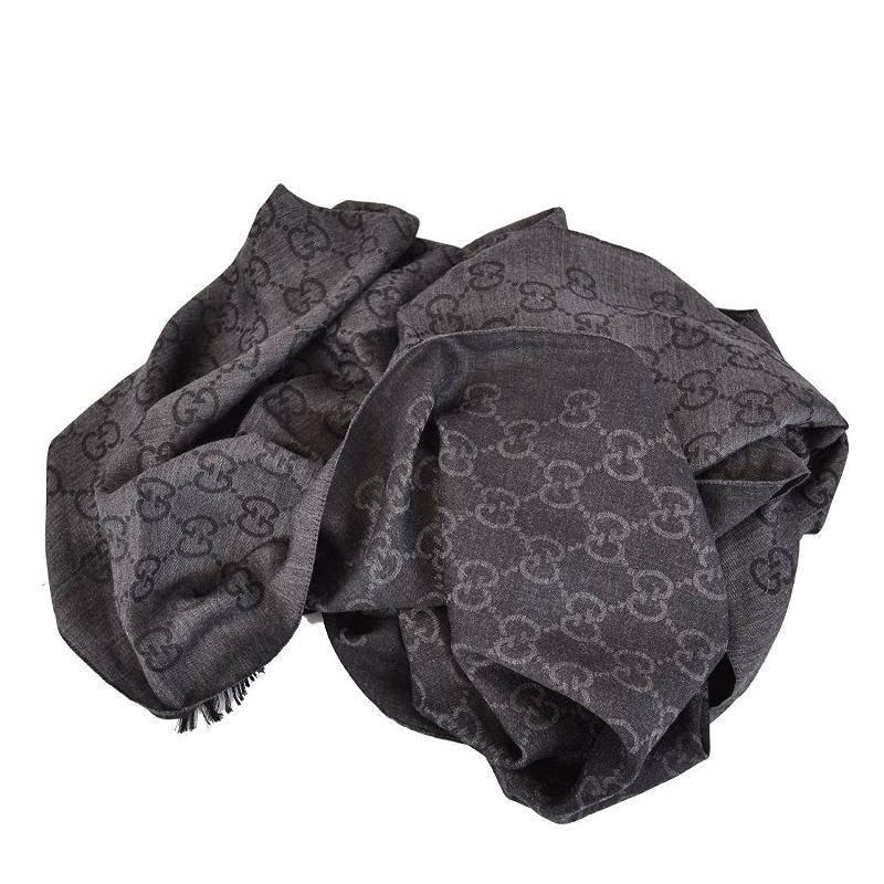 Black Gucci GG Monogram Wool & Silk Anthracite Shawl For Sale