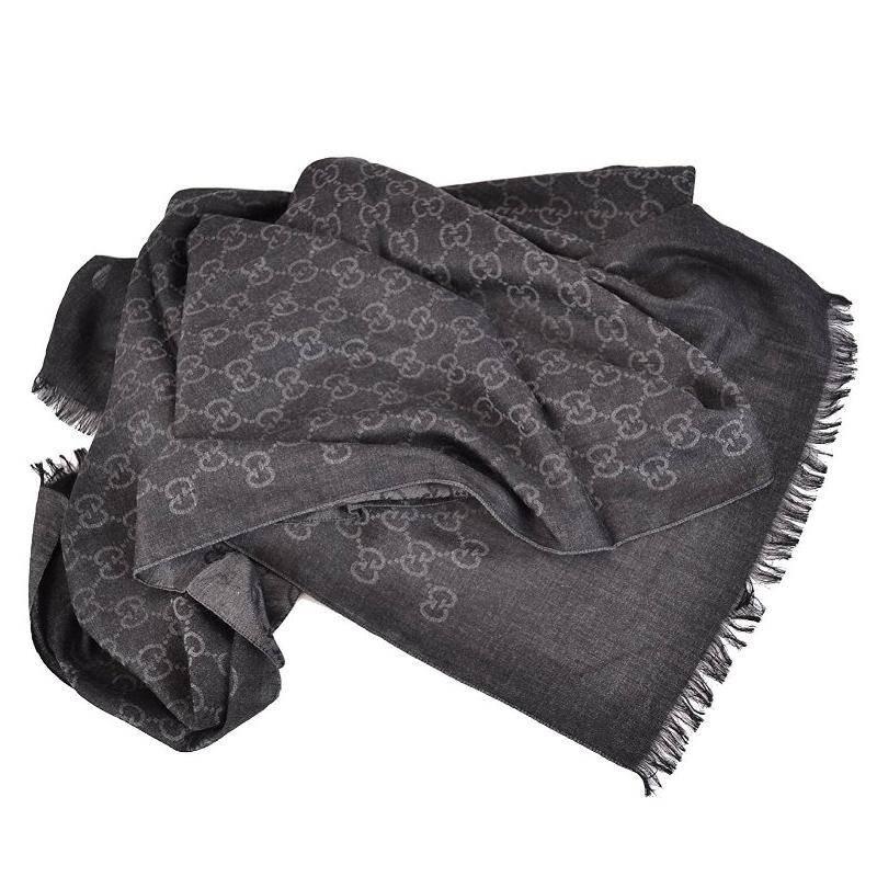 Gucci GG Monogram Wool & Silk Shawl, Anthracite

Presenting absolutely gorgeous and brand new GUCCI giant wool and silk blend two-tone color Pashmina shawl with signature GG monogram.

Features:
•	100% Authentic Gucci product
•	Features Gucci