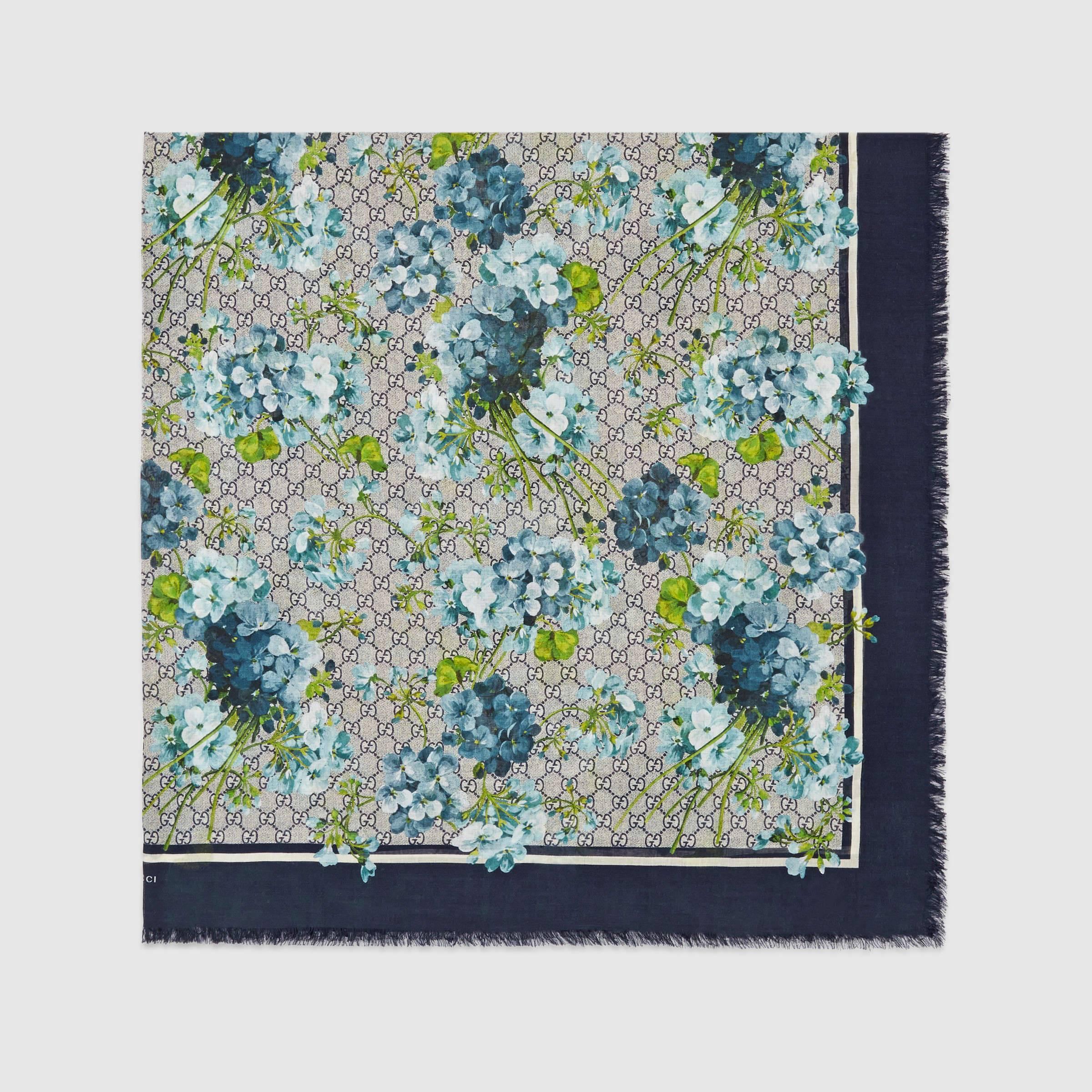 GG Blooms print modal-silk shawl

The Blooms print was first presented throughout the Fall/Winter 2015 Fashion Show collection and has continued to evolve as an iconic Gucci design.

• Blue and light blue GG Blooms print
• Fringe edges
• 55"W x