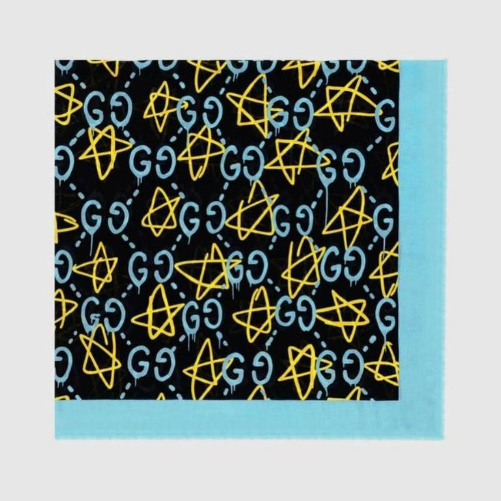 Gucci Ghost Print Blue Modal Silk Shawl

Brooklyn-based artist Trouble Andrew was invited by Alessandro Michele to collaborate on the Fall Winter 2016 Fashion Show collection, by incorporating his art into Alessandro Michele’s designs. The final