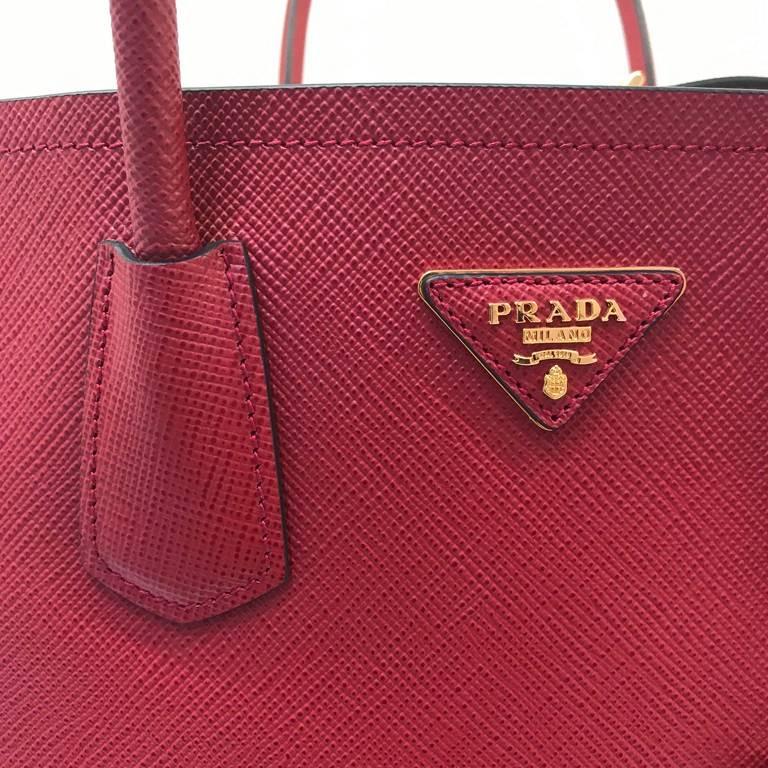 Prada Saffiano Cuir Leather Double Bag Tote Red For Sale 1