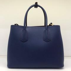 Prada Saffiano Cuir Leather Double Bag Tote Blue