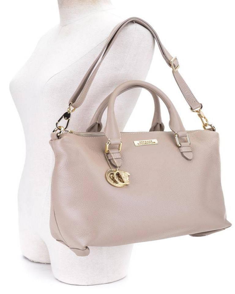 Beige Pebble Leather Duffle Shoulder Bag