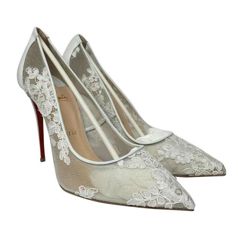 Christian Louboutin Follies Lace Pointed Toe White Pumps