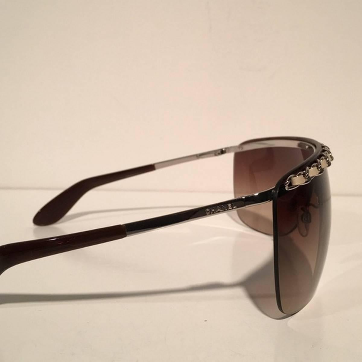 Chanel Brown Shield Braided Leather Sunglasses In New Condition For Sale In Los Angeles, CA