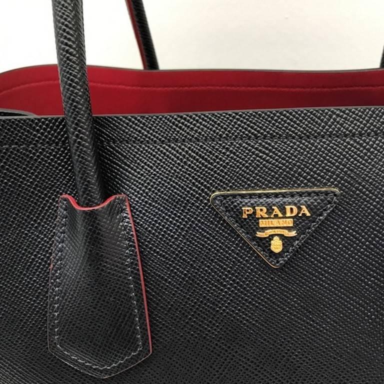 Prada Saffiano Cuir Leather Double Bag Tote Black In New Condition In Los Angeles, CA