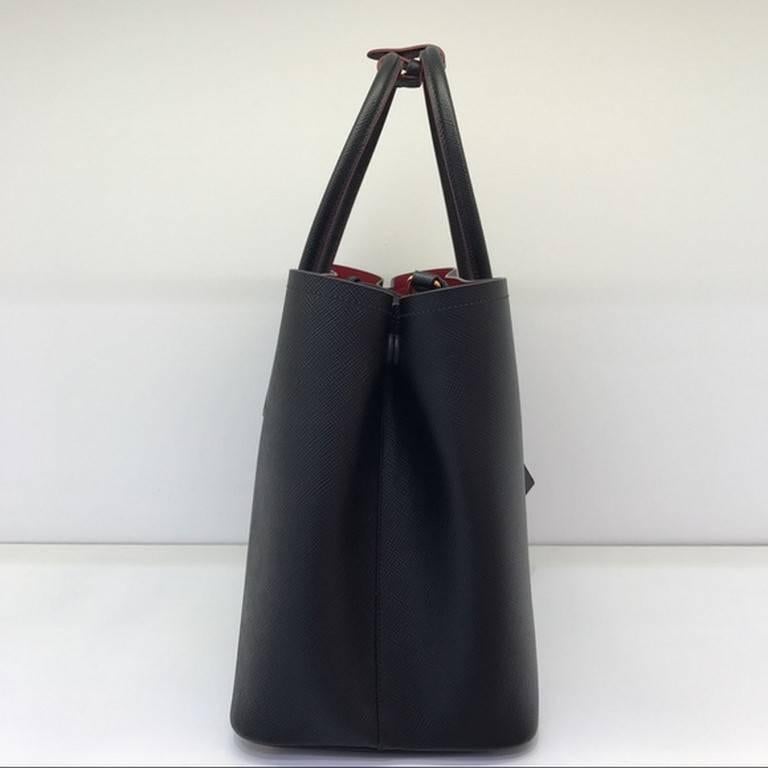 Women's Prada Saffiano Cuir Leather Double Bag Tote Black