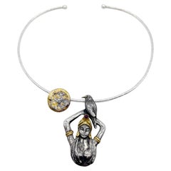 Moon Goddess with a Raven Necklace in Silver, Gold & Ruby by 6 Elements Studio