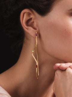Pair of Aurora Earrings in Gold, Amethyst, Peridote & Rhodolite by Theodora D.