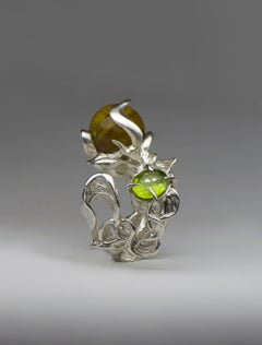 Unique Chiapaneco Ring in Sterling Silver, Amber & Peridot by Itzel Flor Blancas