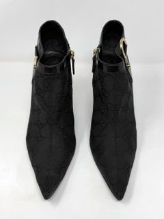 Gucci GG Monogram Pointed Toe Ankle Boots Heels Black Gold 6B Vintage