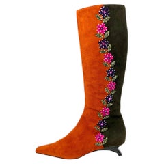 Vintage Moschino Cheap and Chic Colorblock Suede Floral Knee-High Boots, 1990s