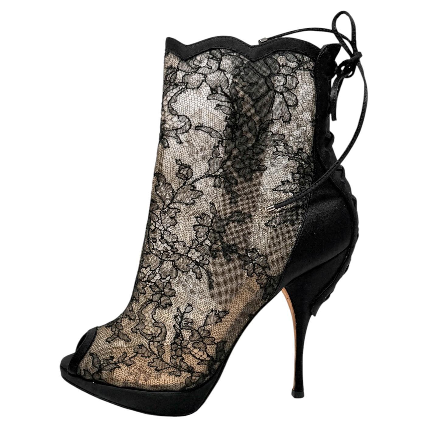 Dior Galliano FW 2010 Runway Black Lace Platform Booties 37 For Sale