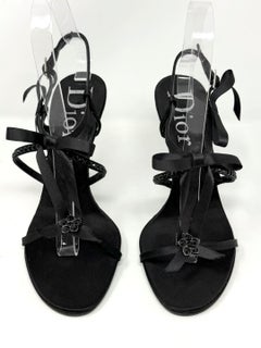 Dior Galliano Black Satin Crystal Bow Sandals Heels 37 Vintage